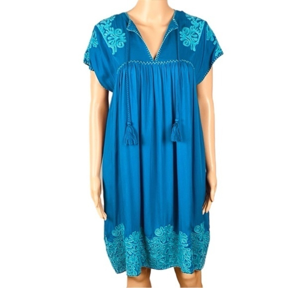 SUNDANCE “Bright Pathway” teal, embroidered, shift dress w/POCKETS. Size XS. EUC - Picture 3 of 12